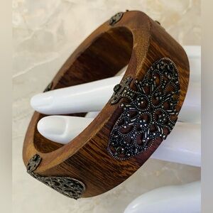 Vintage Wooden Bangle with Metal Accents